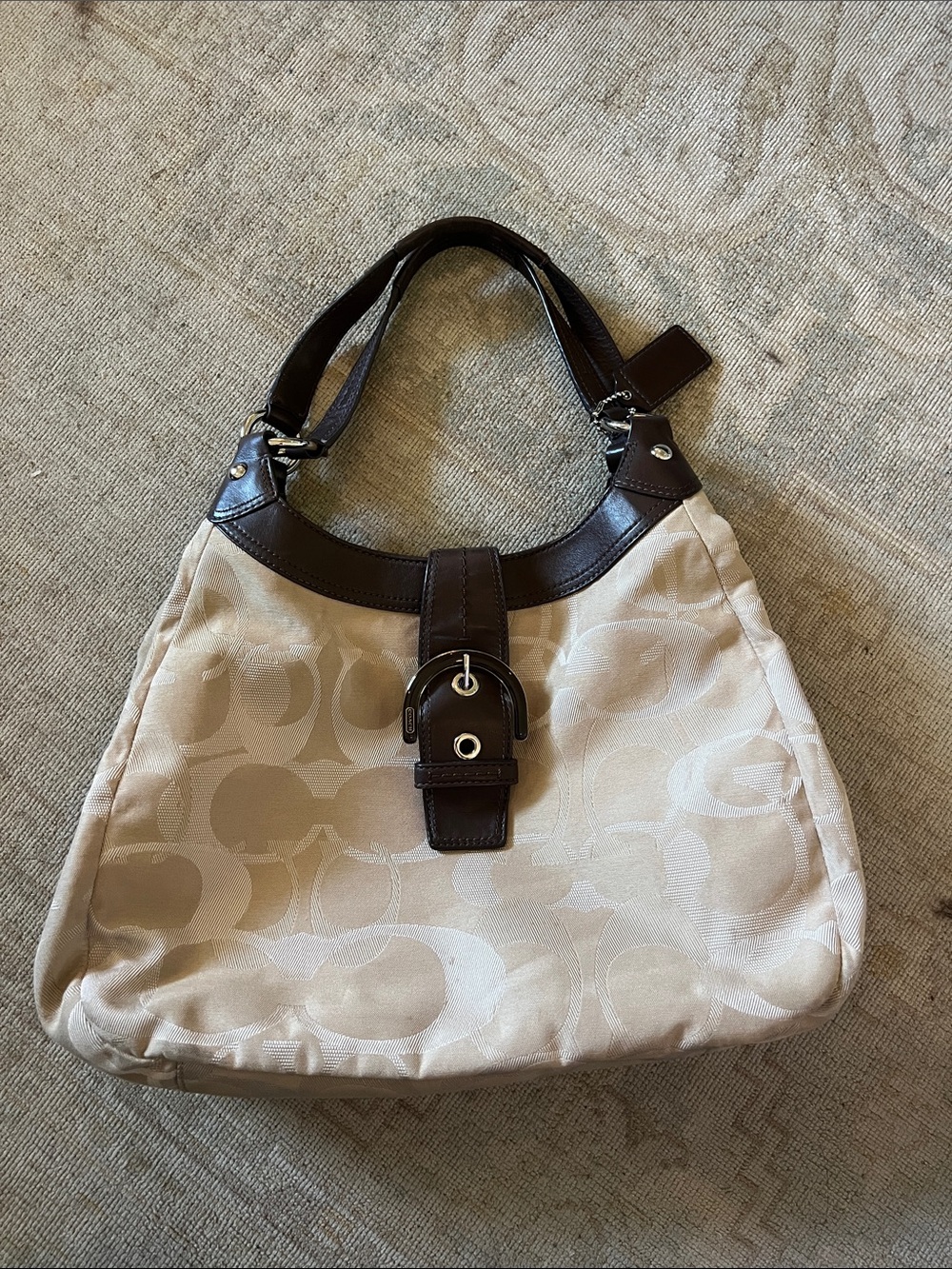 Coach Signature Canvas Hobo Bag in Beige with lavender liner.